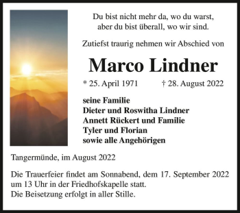 Traueranzeige von Marco Lindner  von Magdeburger Volksstimme