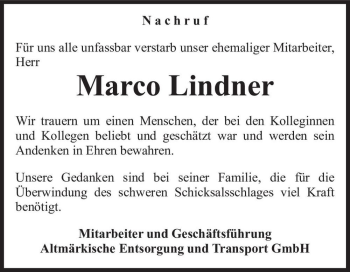 Traueranzeige von Marco Lindner  von Magdeburger Volksstimme