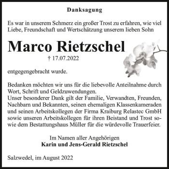 Traueranzeige von Marco Rietzschel  von Magdeburger Volksstimme