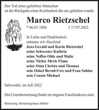 Traueranzeige von Marco Rietzschel  von Magdeburger Volksstimme