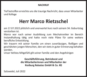 Traueranzeige von Marco Rietzschel  von Magdeburger Volksstimme