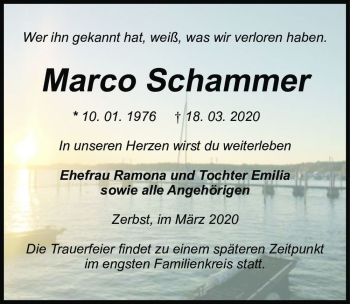 Traueranzeige von Marco Schammer  von Magdeburger Volksstimme