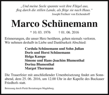 Traueranzeige von Marco Schünemann  von Magdeburger Volksstimme