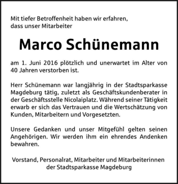 Traueranzeige von Marco Schünemann  von Magdeburger Volksstimme