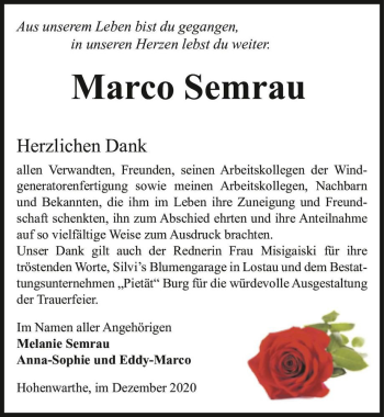 Traueranzeige von Marco Semrau  von Magdeburger Volksstimme