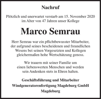 Traueranzeige von Marco Semrau  von Magdeburger Volksstimme