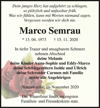 Traueranzeige von Marco Semrau  von Magdeburger Volksstimme