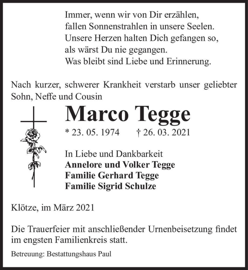  Traueranzeige für Marco Tegge  vom 30.03.2021 aus Magdeburger Volksstimme