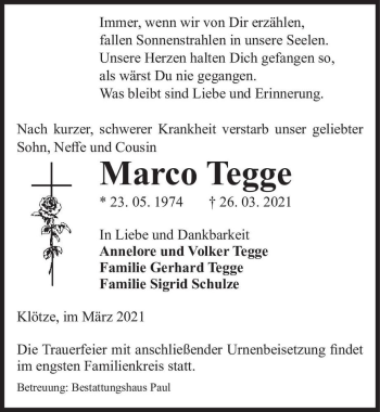 Traueranzeige von Marco Tegge  von Magdeburger Volksstimme