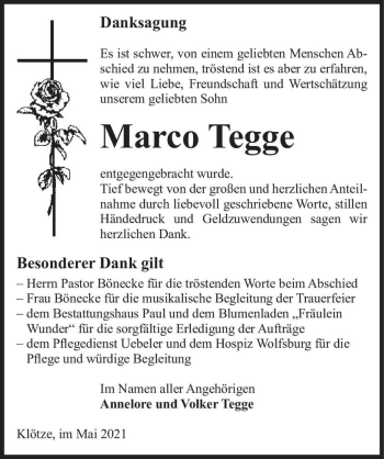 Traueranzeige von Marco Tegge  von Magdeburger Volksstimme