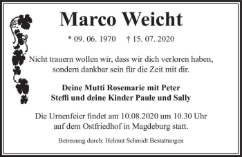 Traueranzeige von Marco Weicht  von Magdeburger Volksstimme