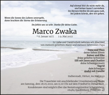Traueranzeige von Marco Zwaka  von Magdeburger Volksstimme