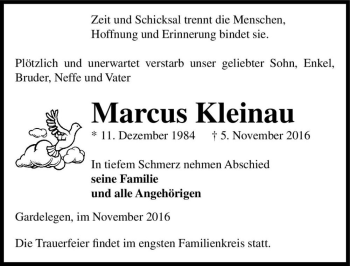 Traueranzeige von Marcus Kleinau  von Magdeburger Volksstimme