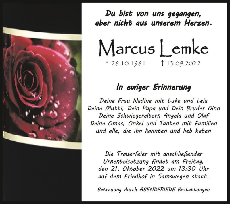  Traueranzeige für Marcus Lemke  vom 24.09.2022 aus Magdeburger Volksstimme