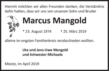 Traueranzeige von Marcus Mangold  von Magdeburger Volksstimme