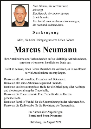 Traueranzeige von Marcus Neumann  von Magdeburger Volksstimme