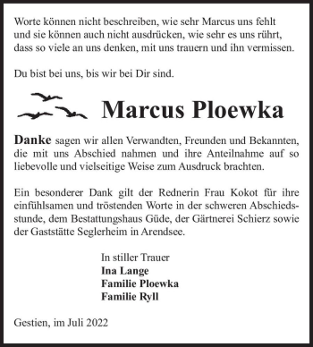 Traueranzeige von Marcus Ploewka  von Magdeburger Volksstimme