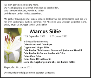 Traueranzeige von Marcus Süße  von Magdeburger Volksstimme