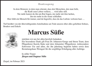 Traueranzeige von Marcus Süße  von Magdeburger Volksstimme