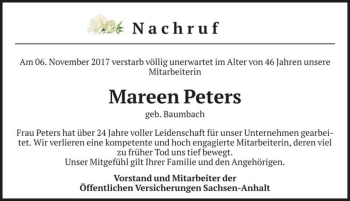 Traueranzeige von Mareen Peters (geb. Baumbach)  von Magdeburger Volksstimme