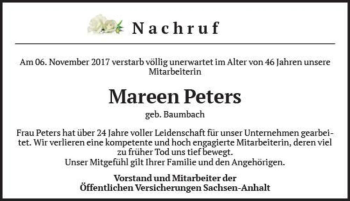 Traueranzeige von Mareen Peters (geb. Baumbach)  von Magdeburger Volksstimme
