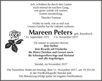 Traueranzeige von Mareen Peters (geb. Baumbach)  von Magdeburger Volksstimme