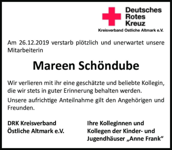 Traueranzeige von Mareen Schöndube  von Magdeburger Volksstimme