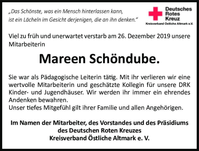  Traueranzeige für Mareen Schöndube  vom 25.01.2020 aus Magdeburger Volksstimme