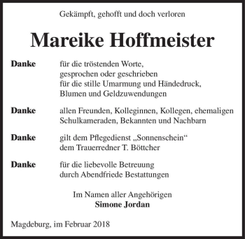 Traueranzeige von Mareike Hoffmeister  von Magdeburger Volksstimme