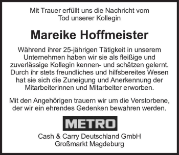 Traueranzeige von Mareike Hoffmeister  von Magdeburger Volksstimme