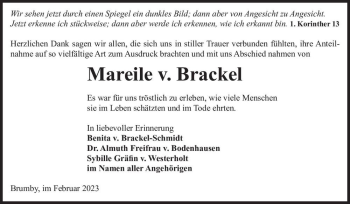 Traueranzeige von Mareile v. Brackel  von Magdeburger Volksstimme