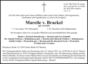 Traueranzeige von Mareile v. Brackel (geb. Gerstein)  von Magdeburger Volksstimme
