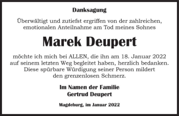 Traueranzeige von Marek Deupert  von Magdeburger Volksstimme