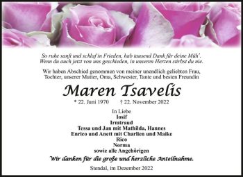 Traueranzeige von Maren Tsavelis  von Magdeburger Volksstimme