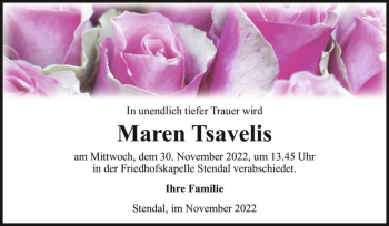 Traueranzeige von Maren Tsavelis  von Magdeburger Volksstimme
