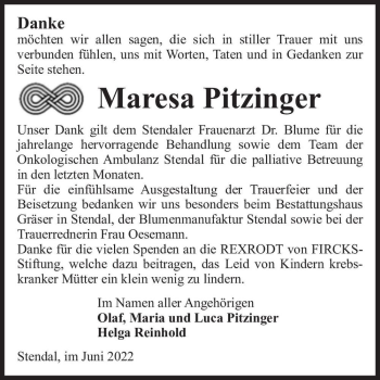 Traueranzeige von Maresa Pitzinger  von Magdeburger Volksstimme