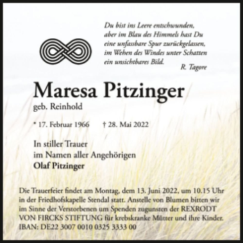 Traueranzeige von Maresa Pitzinger (geb. Reinhold)  von Magdeburger Volksstimme