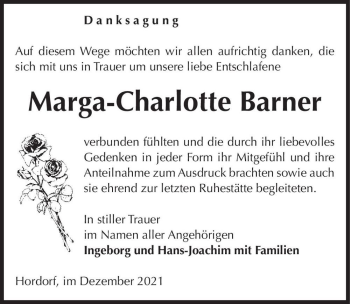 Traueranzeige von Marga-Charlotte Barner  von Magdeburger Volksstimme