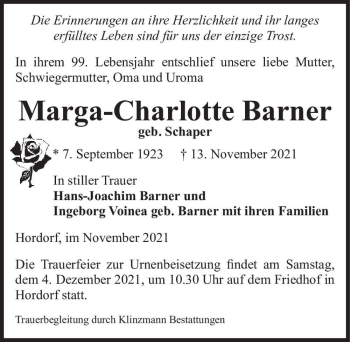 Traueranzeige von Marga-Charlotte Barner (geb. Schaper)  von Magdeburger Volksstimme