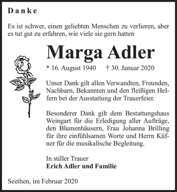 Traueranzeige von Marga Adler  von Magdeburger Volksstimme