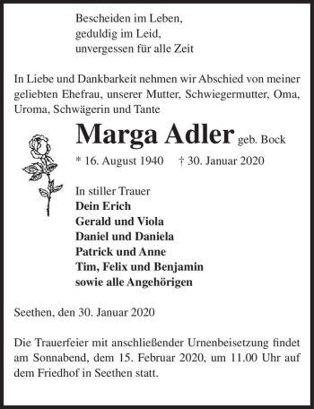 Traueranzeige von Marga Adler (geb. Bock)  von Magdeburger Volksstimme