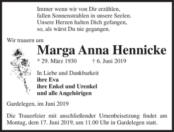 Traueranzeige von Marga Anna Hennicke  von Magdeburger Volksstimme