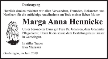 Traueranzeige von Marga Anna Hennicke  von Magdeburger Volksstimme