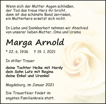 Traueranzeige von Marga Arnold  von Magdeburger Volksstimme