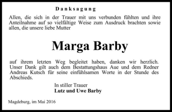 Traueranzeige von Marga Barby  von Magdeburger Volksstimme