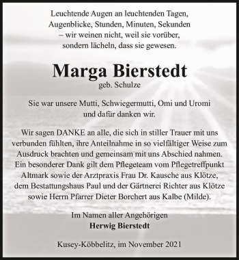 Traueranzeige von Marga Bierstedt (geb. Schulze)  von Magdeburger Volksstimme