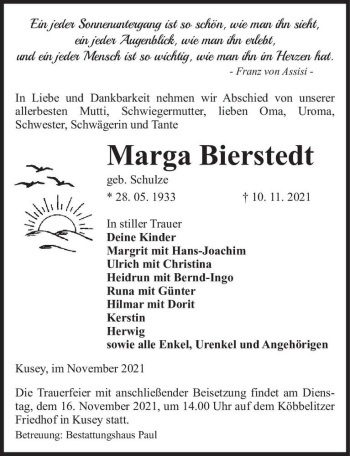 Traueranzeige von Marga Bierstedt (geb. Schulze)  von Magdeburger Volksstimme