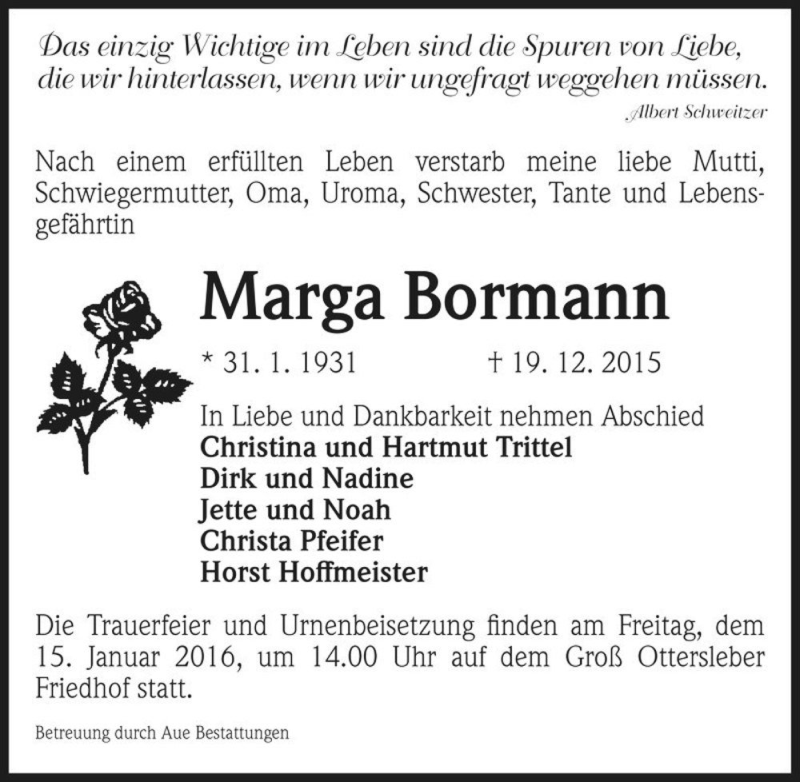  Traueranzeige für Marga Bormann  vom 02.01.2016 aus Magdeburger Volksstimme
