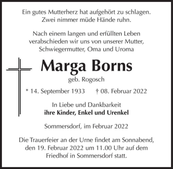 Traueranzeige von Marga Borns (geb. Rogosch)  von Magdeburger Volksstimme