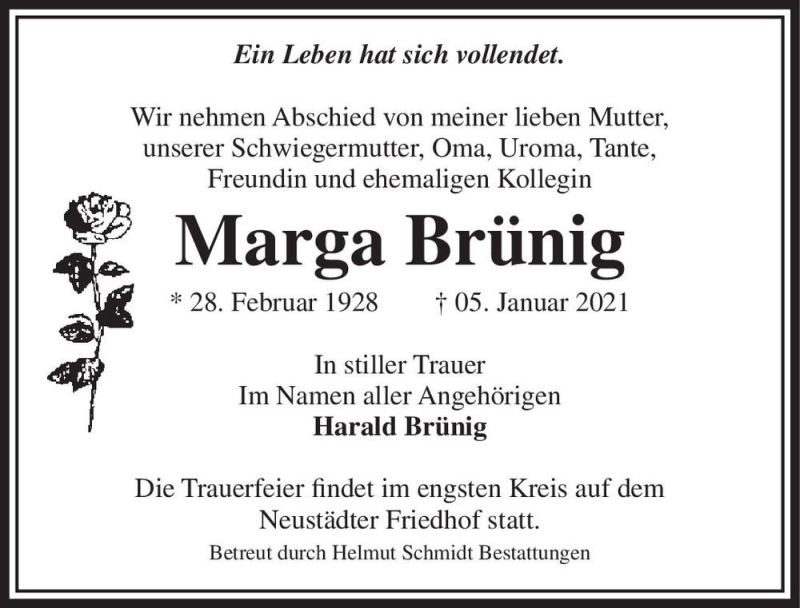  Traueranzeige für Marga Brünig  vom 16.01.2021 aus Magdeburger Volksstimme